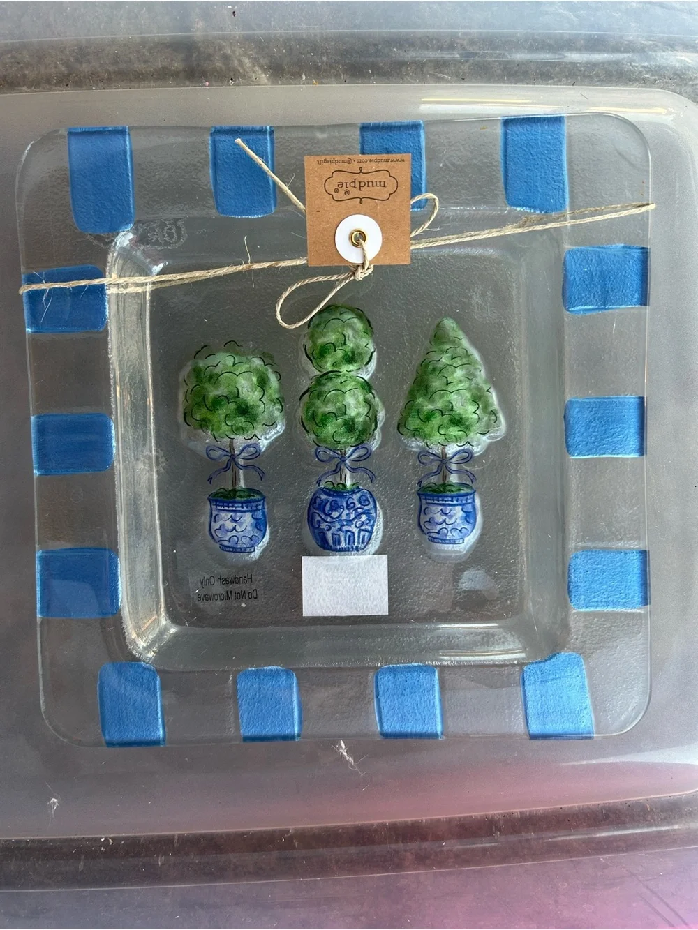 Mud Pie Topiary Glass Plate NWT Blue Green Square 9”x9”